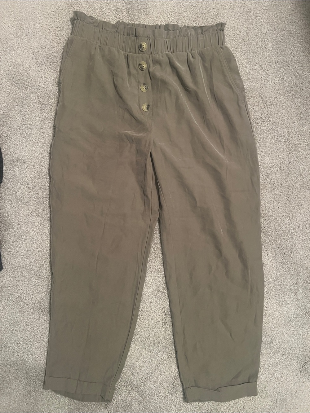 Zara Olive High-Waist Button-Front Paperbag Trousers